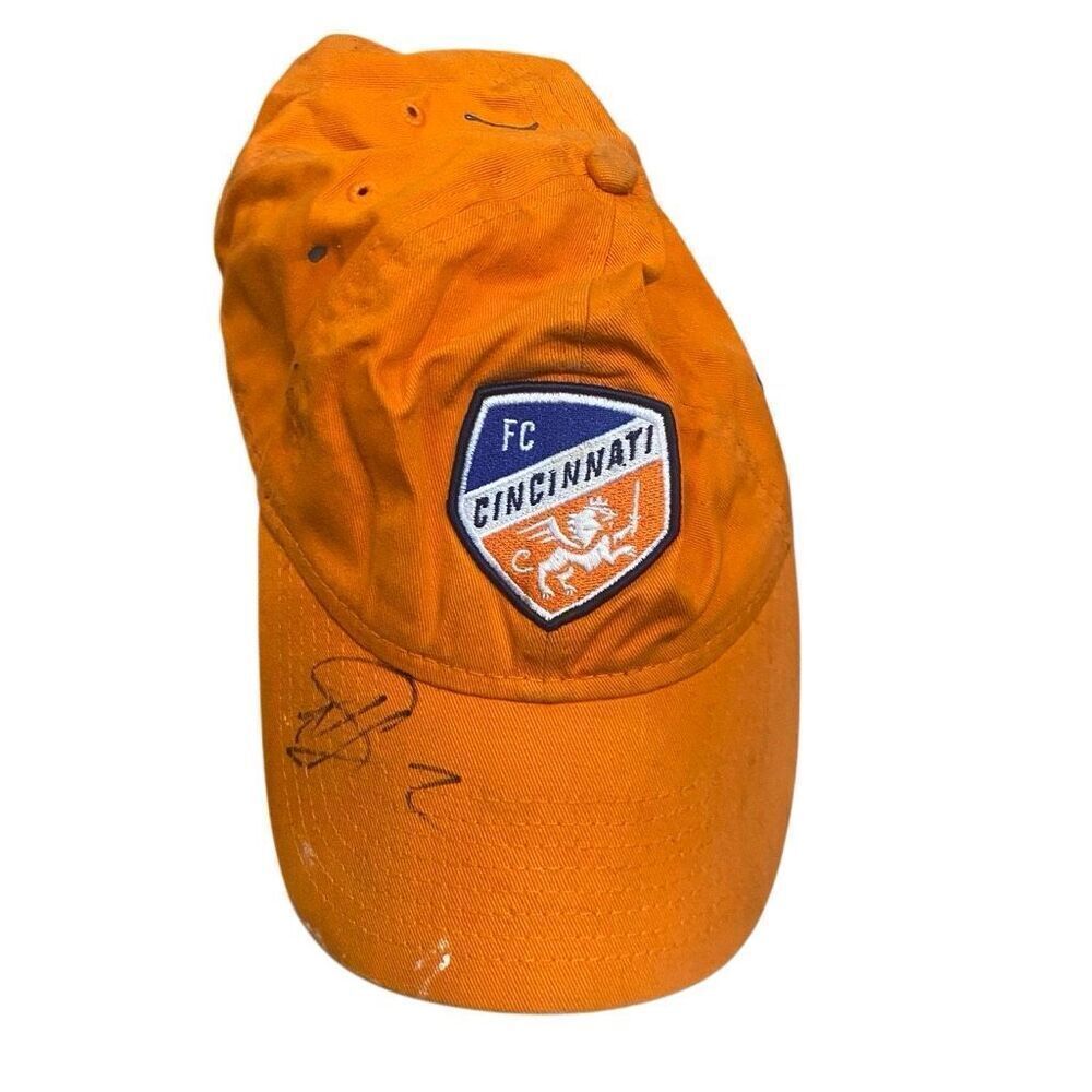 New era, FC Cincinnati  soccer hat, signed orange blue stains paint